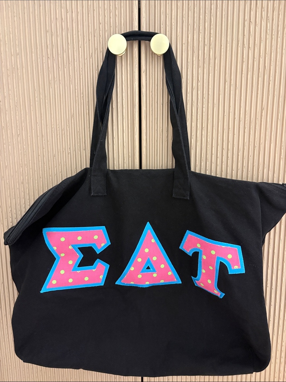 Sigma Delta Tau Black Canvas Tote Bag with Pink & Blue Lettering